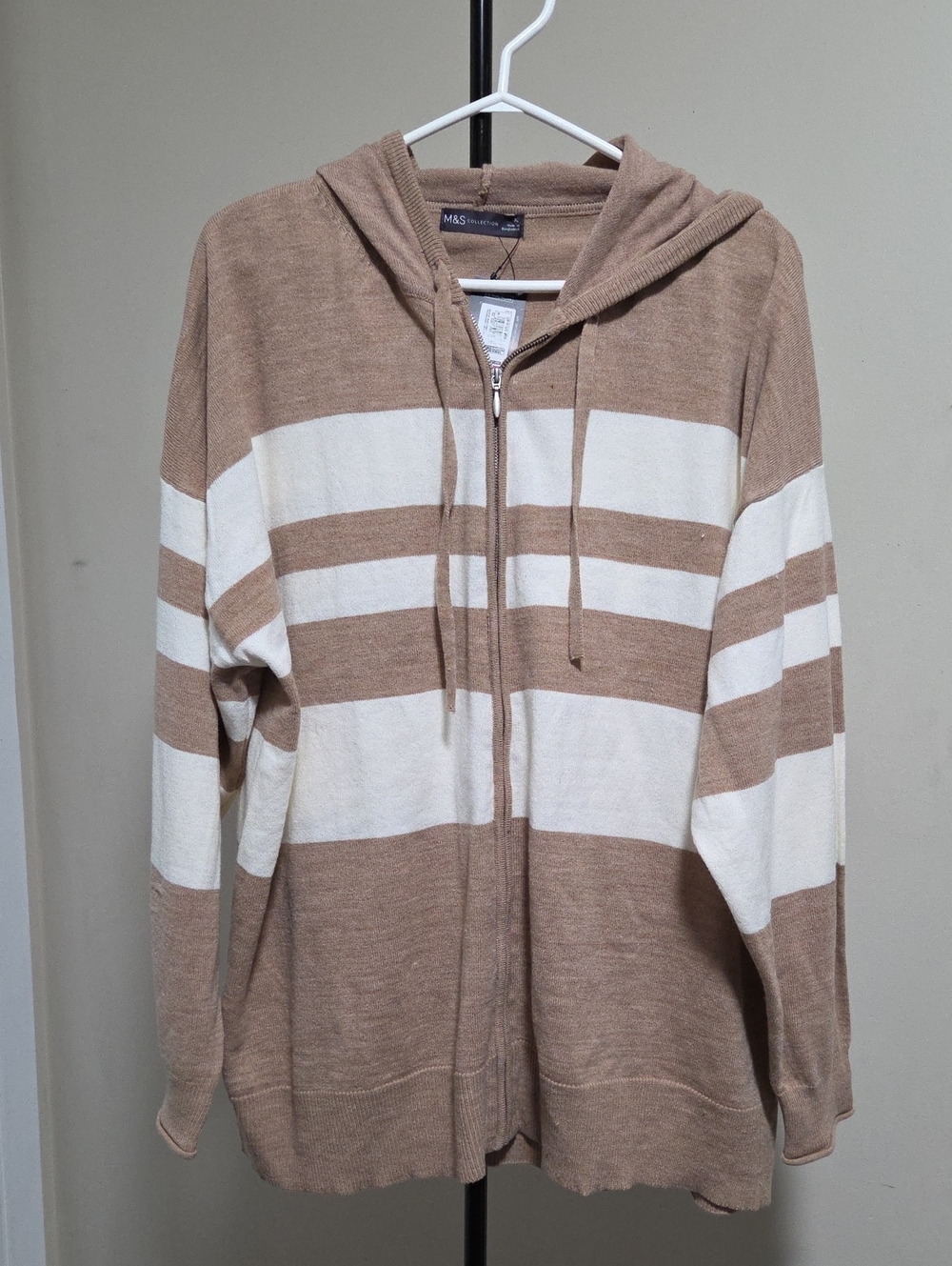 Nwt M&S Collection  Striped Zip-Up Hoodie Sweater - Beige & White